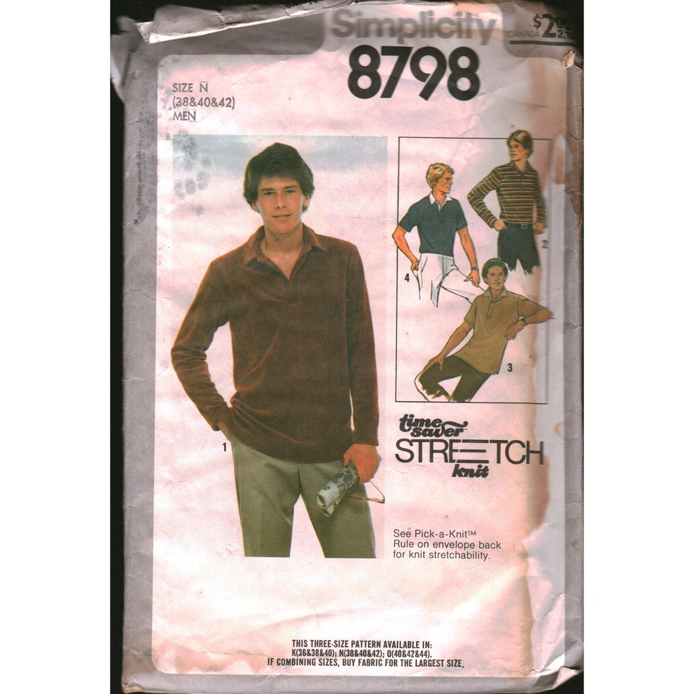 Vintage 1978 Simplicity 8798 Mens Pullover Top Sewing Pattern Size‎ N 38 40 42